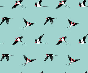 Seamless wallpaper pattern. Flying Swallow birds. Different poses. Textile composition, hand drawn style print. Vector illustration.