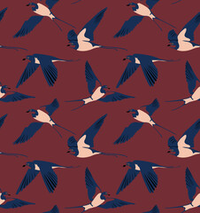 Seamless wallpaper pattern. Flying Swallow birds. Different poses. Textile composition, hand drawn style print. Vector illustration.