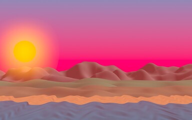 Naklejka na ściany i meble Sun Sea Beach. Sunrise. Ocean shore line with waves on a beach. Island beach paradise with waves. Vacation, summer, relaxation. Seascape, seashore. Minimalist landscape, primitivism. 3D illustration
