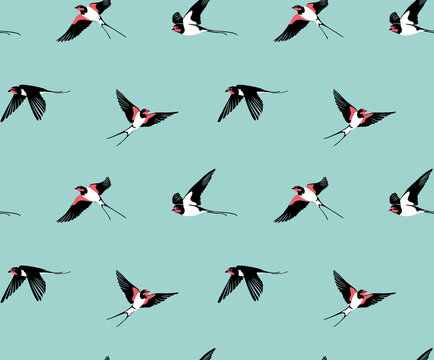 Seamless wallpaper pattern. Flying Swallow birds. Different poses. Textile composition, hand drawn style print. Vector illustration.