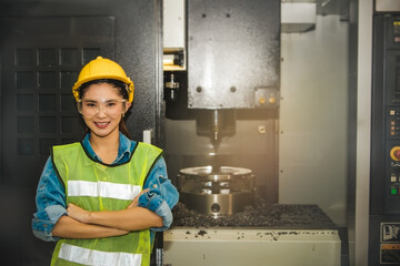 Female technicians in industrial factories producing machine parts, automatic lathe control with safety awareness.