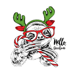 Adorable smiling sloth in a Moose antler headband, red glasses and with a big lollipop. Christmas and New year card, Humor composition, hand drawn style print. Vector illustration.