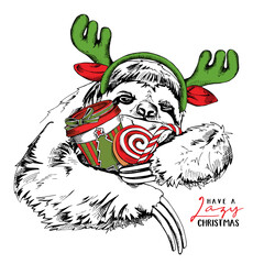 Adorable smiling sloth in a Moose antler headband and with a coffee cup, cookie, lollipop. Christmas and New year card, Humor composition, hand drawn style print. Vector illustration. © Afishka