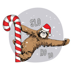 Cute brown sloth in a red Santa's hat on a big lollipop. Slo Ho Ho - lettering quote. Christmas and New year card, Humor composition, hand drawn style print. Vector illustration. © Afishka