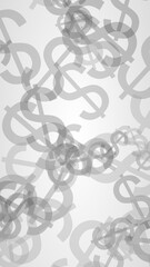 Gray translucent dollar signs on dark background. Gray tones. 3D illustration