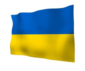 Obraz premium The flag of Ukraine on a white background. National flag and state ensign. Blue and yellow bicolour. 3D illustration waving flag