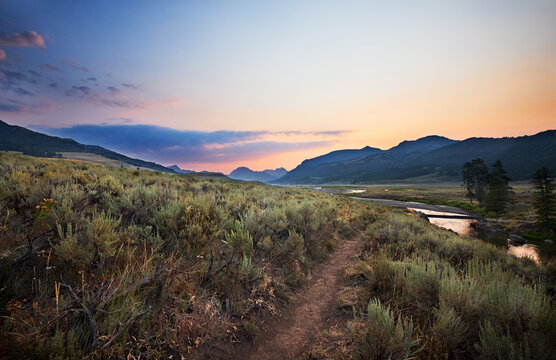 Soda Butte Creek at the Lamar Valley trailhead before dawn on a summer morning. Yellowstone National Park, Wyoming