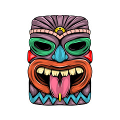 The statue characteristic of tiki island with the tongue out and purple colour