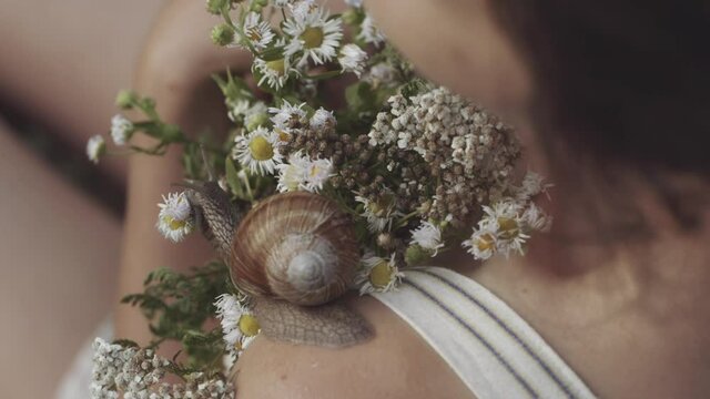 Close-up of snail slowly crawling along shoulder of young girl. Woman holding bouquet of wild flowers or daisies in her hands. Snail leaves muscus on skin. Concept of nature, cosmetology, spa, beauty.