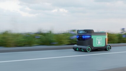 Fototapeta na wymiar Delivery Robot Food delivery robots may serve homes in near future. AGV intelligent robot.
