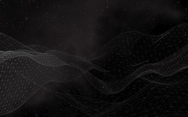 Black abstract background. Hi tech network. Cyberspace grid. Outer space. Starry outer space texture. 3D illustration