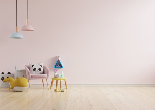 Mock up wall in the children's room in light pink color wall background.