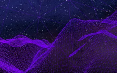 Abstract ultraviolet landscape on a dark background. Purple cyberspace grid. hi tech network. Outer space. Violet starry outer space texture. 3D illustration