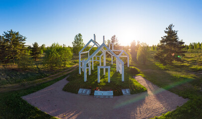 5 July 2020 Nevsky Patch, Leningrad region, Russia: Aerial panaramic view to Memorial Ghost Village...