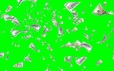 Flying dollars banknotes isolated on chromakey. Money is flying in the air. 100 US banknotes new sample. 3D illustration