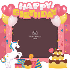 Happy birthday frame with unicorn character and cakes illustration © vectornation
