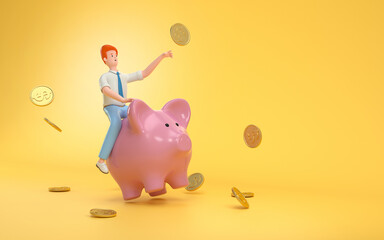 A man sitting on a piggy bank. Earning, saving and investing money concept.  3d rendering,conceptual image