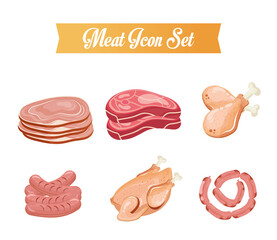 delicious fresh six butchery products and lettering vector illustration design