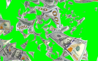 Flying dollars banknotes isolated on chromakey. Money is flying in the air. 100 US banknotes new sample. 3D illustration