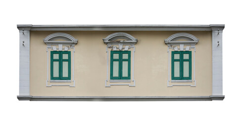 Part of Thailand old town house exterior wall and windows isolated on white
