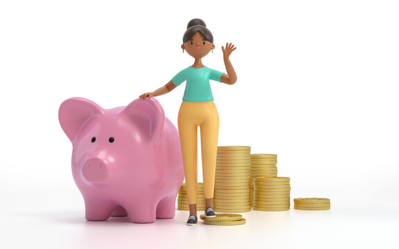 A woman sitting on a piggy bank. Earning, saving and investing money concept.  3d rendering,conceptual image