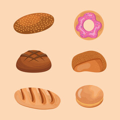 six breads delicious pastry products icons vector illustration design
