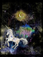 A dreamy unicorn and colorful castle in the dark forests
