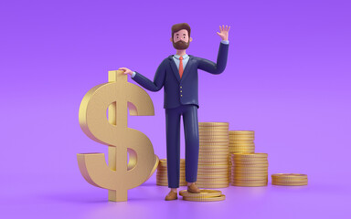 A man standing with money. Earning, saving and investing money concept.  3d rendering,conceptual image