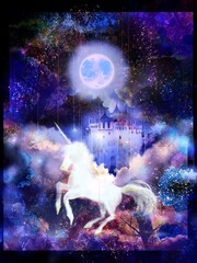 Blue full moon and dreamy unicorn and European castle  in the children’s theater  © NORIMA