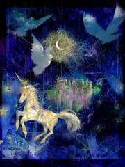A dreamy unicorn and flying doves and colorful castle  in the blue forests 