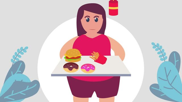 Greedy fat woman animation feeling hungry while holding a tray full of junk foods. Shot in 4k resolution