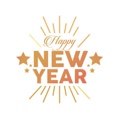 happy new year golden lettering in sunburst frame with stars
