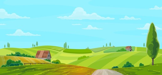 Farm on nature rural vector background with green field, houses or barns under blue cloudy sky. Farming, cartoon countryside farmland tranquil summer time landscape with meadow, trees and fence