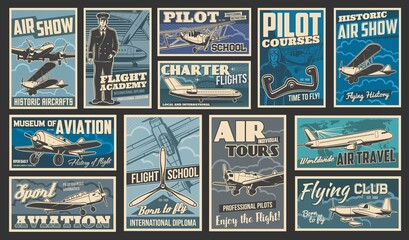Plane flying and aircraft flight, aviation vintage retro retro posters, vector. Airplane aviators academy and pilot flights school, historic planes and aviation museum, travel and charter flights - obrazy, fototapety, plakaty