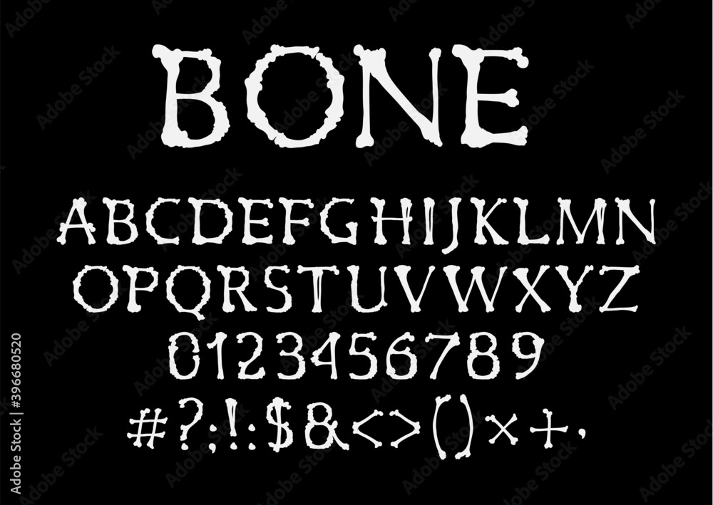 Poster bones font, halloween vector type, uppercase alphabet letters, digits and symbols. skeleton pirate s