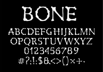 Bones font, halloween vector type, uppercase alphabet letters, digits and symbols. Skeleton pirate style spooky typeface, numbers and signs. Capital english bone cartoon font scary characters set