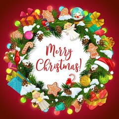 Christmas winter holiday wreath with Xmas tree, gifts and snow vector design. Festive frame of present boxes, Santa hat and ribbon bows, candies, gingerbread and balls, snowflakes, lights and angel