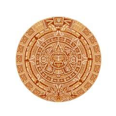 Mayan calendar vector ancient mexican round stone with hieroglyph symbols. Aztec culture, religion and tradition sculpture, astrological calendar with face show tongue isolated on white background