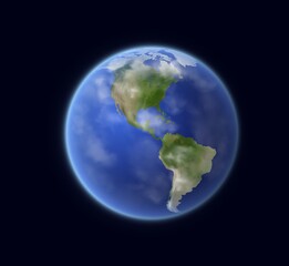 Earth planet globe with world map, vector space, astronomy, travel and geography. Blue sphere with Atlantic and Pacific oceans, USA, Canada, Mexico and Brazil, Peru, Chile, Argentina and Brazil