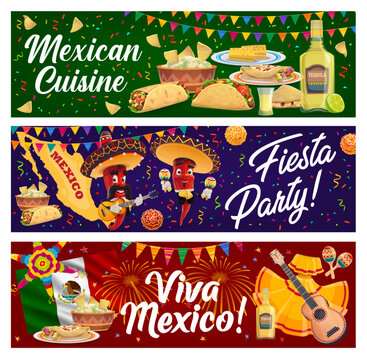 Mexican cuisine food and Cinco de Mayo fiesta party pepper mariachi vector banners of Viva Mexico. Chilli characters in sombreros, maracas and guitar, flag of Mexico, map and tequila, tacos and nachos