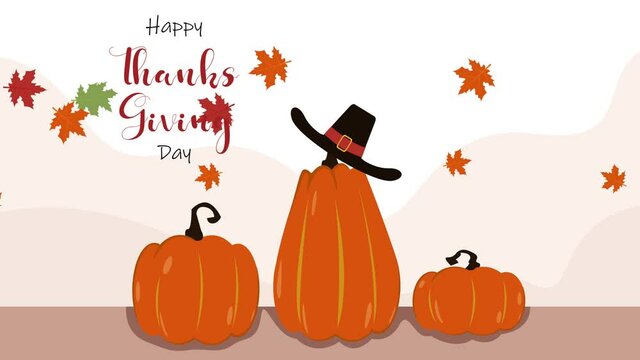 Close up of three pumpkins animation with pilgrim hat under snowfall in Happy Thanksgiving text background. Shot in 4k resolution
