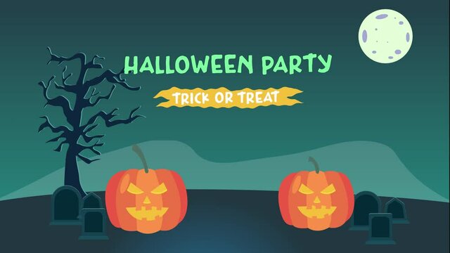 Three spooky pumpkins animation with text of halloween party and trick or treat in cemetery background. Shot in 4k resolution