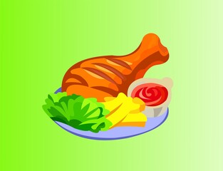 Vector of a fried chicken with its dressing on green background