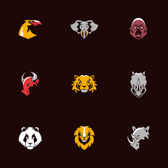 bundle of nine heads animals emblems icons in black background