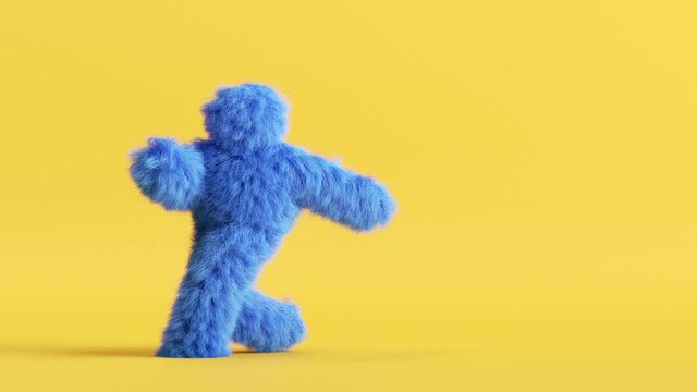 blue hairy 3d cartoon character dancing on yellow background, person wearing furry costume, funny mascot looping animation, modern minimal seamless motion design