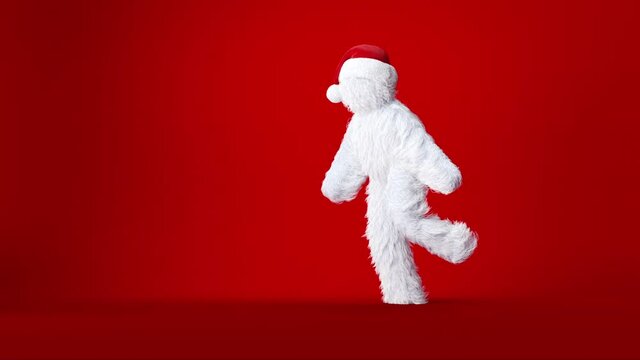 white funny yeti in Christmas hat dancing. Looping animation of a furry bigfoot cartoon character, hairy monster isolated on red background, 3d render festive mascot