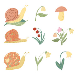 Set snail and flower on white background. Funny cartoon character: snail, lily of the valley, bellflowers, mushroom, leaf, berry in doodle style.