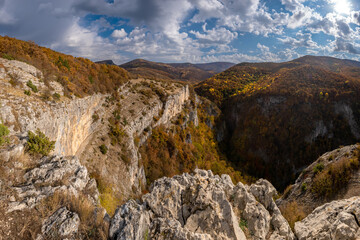 Panorama of the Great Canyon of Crimea in the autumn season