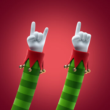 3d render, Christmas hands clip art isolated on red background, elf toy cartoon character. Finger shows direction, rock party gesture