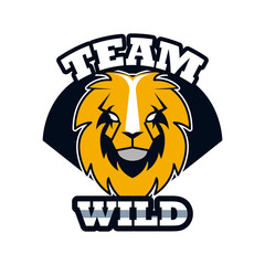 lion head animal emblem icon with team wild lettering
